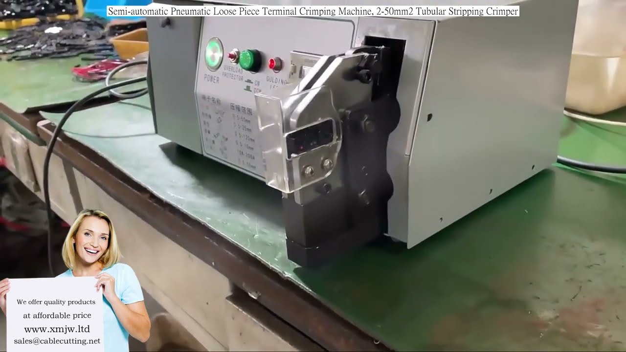 เครื่อง Crimping สายไฟกึ่งอัตโนมัติ Pneumatic สำหรับเทอร์มินัลหลวม ขนาด 2-50mm² พร้อมตัดเปลือกสาย